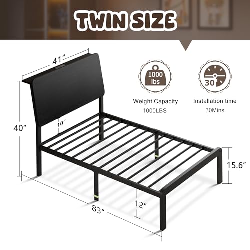 Einhomn Twin Bed Frame with Ergonomic Wooden Storage Headboard, LED Bed Frame with Charging Station, 12" UnderBed Storage, Heavy-Duty Metal Base, No Box Spring Needed, Easy Assembly, Black Einhomn