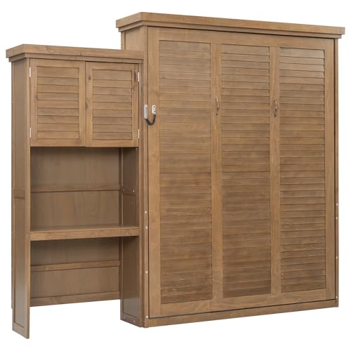 Merax Queen Size Murphy Bed with Storage, Solid Wood Hidden Wall Bed Frame with Cabinets, Farmhouse Murphy Bed Fame, Can Be Folded into a Cabinet, No Box Spring Needed, Wood Color Merax