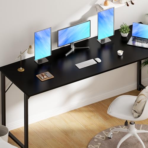 OLIXIS Computer Office Desk, 63 Inch Writing Work Study PC Wood Modern Desk with Storage Bag & Headphone Hook Simple Bedroom for 2 Person Kids Student Table, Black OLIXIS