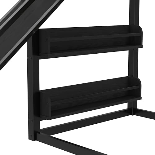 LUMISOL Twin Size Loft Bed with Slide, Basketball Hoop,Pull-up Rings and Climbing Wall, Heavy-Duty Metal Bunk Bed with Jungle Gym, Bookshelves for Kids, Boys, Girls, Black LUMISOL