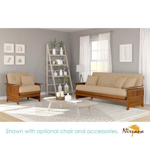 Nirvana Futons Brentwood Tray Arm Futon Frame, Drawers, and Microfiber Khaki Mattress Set - Full, Heritage Finish Nirvana Futons