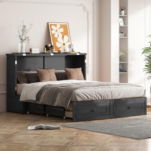 PUREMIND Queen Murphy Bed with Mattress Included - Solid Wood - Hideaway Chest Beds with 2 Storage Drawers, USB Charging Ports - Space Saving Murphy Cabinet Bed for Guest Room, Bedroom PUREMIND