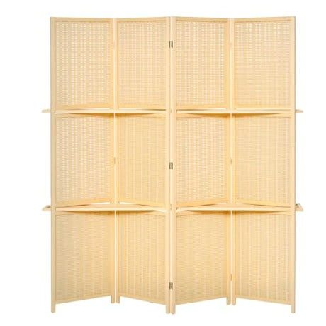 HOMCOM 4-Panel Folding Room Divider, 6 Ft Freestanding Bamboo Privacy Screen Panel with Storage Shelves for Bedroom or Office, Natural Wood Color HOMCOM