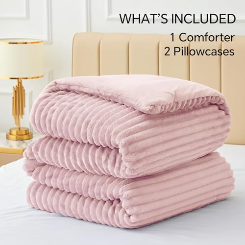 BEDELITE Fleece Full Comforter Set -Super Soft & Warm Fluffy Pink Bedding, Luxury Fuzzy Heavy Bed Set for Winter with 2 Pillow Cases BEDELITE