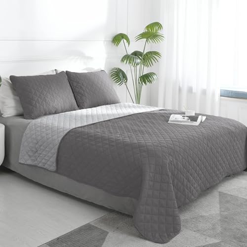 Easy-Going Twin Size Reversible Quilt Set with 1 Quilt and 1 Pillow Shams, Soft Bed Quilt Cover, Water Resistant Lightweight Microfiber Bedspread, Stain Resistant, Gray/Light Gray Easy-Going