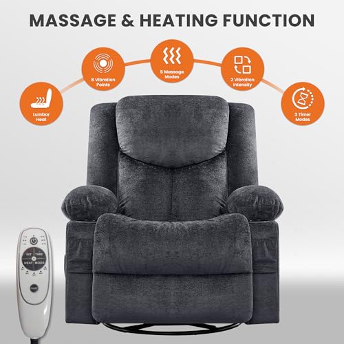 Swivel Recliner Chair for Adults,Oversized Rocker Recliner with Massage and Lumbar Heat,Rocking Chair with Side Pocket,2 Cup Holders,for Living Room