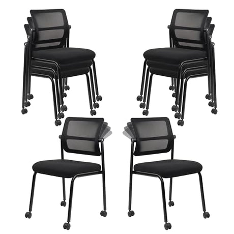 CLATINA 8PK Mesh Stacking Office Desk Chairs with Wheels, Portable Stackable Bulk Waiting Room Armless Chair with Adjustable Back & Fabric Seat for Guest Lobby Side School Church Conference Break CLATINA