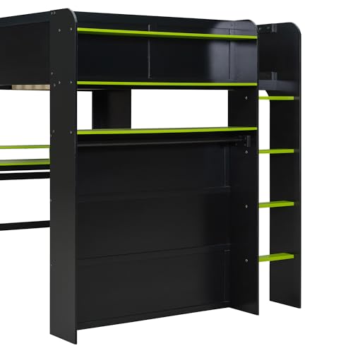 Merax Full Size Gaming Loft Bed with Height-Adjustable Desk, Wardrobe, Ample Storage Space and RGB Light, Solid Wood Bunk Bed Frame for Bedroom, No Box Spring Needed, Green Merax
