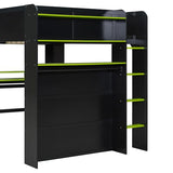 Merax Full Size Gaming Loft Bed with Height-Adjustable Desk, Wardrobe, Ample Storage Space and RGB Light, Solid Wood Bunk Bed Frame for Bedroom, No Box Spring Needed, Green Merax