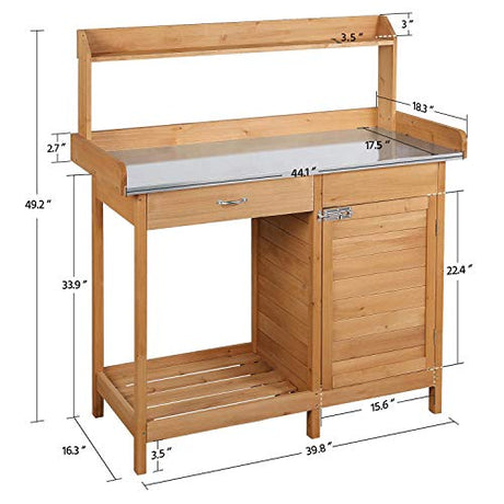 Yaheetech Outdoor Garden Potting Bench Table Work Bench Metal Tabletop W/Cabinet Drawer Open Shelf Natural Wood Yaheetech