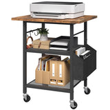 MAHANCRIS 3-Tier Printer Stand, Rolling Printer Table on Wheels, Industrial Storage Stand with Side Pocket, Wooden Tabletop, 2 S-Shaped Hooks, for Home Office, Rustic Brown and Black PTHR2501