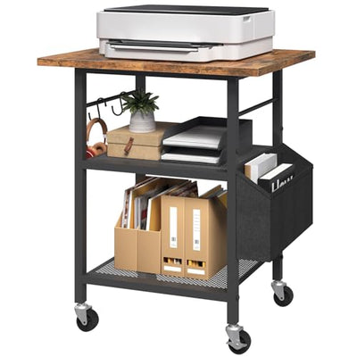 MAHANCRIS 3-Tier Printer Stand, Rolling Printer Table on Wheels, Industrial Storage Stand with Side Pocket, Wooden Tabletop, 2 S-Shaped Hooks, for Home Office, Rustic Brown and Black PTHR2501