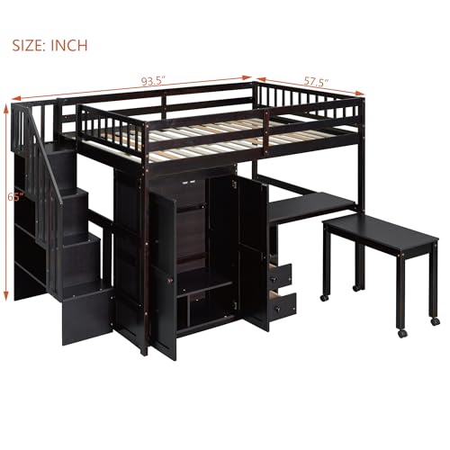 Ball & Cast Loft Bed Full Size with Storage Stairs and Bookshelf,Space-Saving Multifunctional Furniture Bed Frame w/Desk & Wardrobe,for Apartment,Bedroom,Espresso Ball & Cast