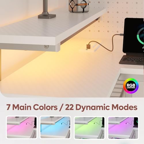 Bestier White Computer Desk with Charging Port & LED Strip,42 inch Modern Gaming Desk with Reversible Storage Shelves,Small L Shaped Desk with Hooks for Home Office Bestier