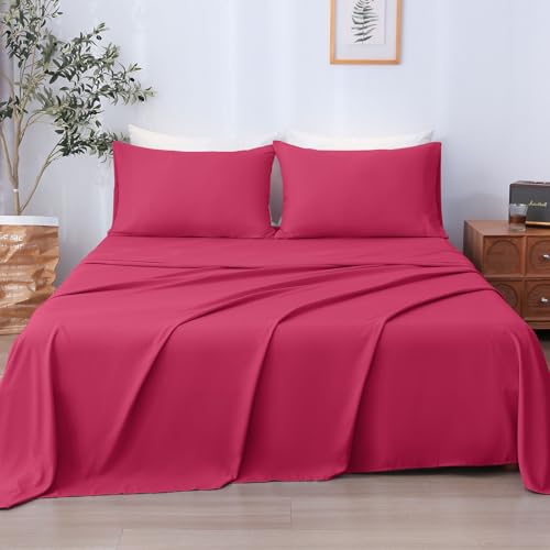 LONAVA Full Sheet Set 4 Pieces,Magenta Red Ultra Soft & Breathable Microbifer Sheets, 1600 Thread Count Hotel Luxury Oeko-Tex Bed Sheets, 14-16 Inch Deep Pocket Durable Wrinkle Free Sheets LONAVA