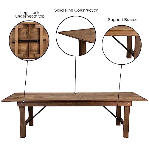 Flash Furniture Hercules Commercial Grade Farmhouse Dining Table | Solid Pine Foldable Table for 10 in Antique Rustic | Rustic Charm for Home and Events - WoodArtSupply