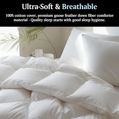 Beautyrest Goose Feather Down Fiber Comforter King Size All Season, Hotel Collection Fluffy 100% Cotton Cover Duvet Insert, Medium Warmth 106 x 90 Inch White Beautyrest