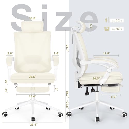 Misolant Ergonomic Office Chair with Footrest, Ergonomic Desk Chair with Adjustable 2D Lumbar Support, High Back Computer Chairs with Adjustable Headrest, Beige Comfortable Executive Office Chair Misolant