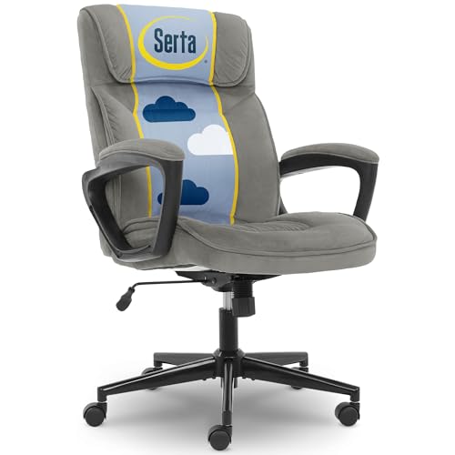 Serta Hannah Executive Home Office Desk Chair, Ergonomic Mid-Back with Lumbar Support, Firm Seat Cushion, Layered Body Pillows, Padded Armrests, Swivel Base, Easy Assembly, Microfiber, Black/Grey Serta