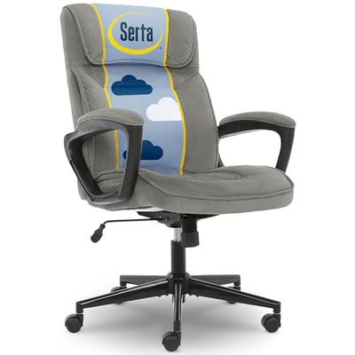 Serta Hannah Executive Home Office Desk Chair, Ergonomic Mid-Back with Lumbar Support, Firm Seat Cushion, Layered Body Pillows, Padded Armrests, Swivel Base, Easy Assembly, Microfiber, Black/Grey