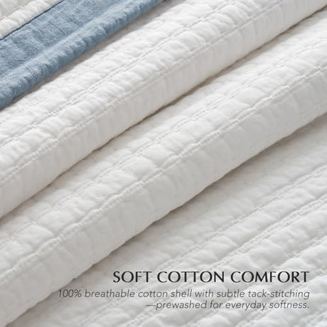 EVERGRACE Cotton Border Frame Tack-Stitch Quilt Bedding Set King Size, Coastal Oversized 3 Pieces Lightweight Bedspread Coverlet for All Season, with 2 Matching Shams, Blue Linen EVERGRACEHOME