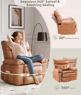 GarveeHome Leather Recliner Chair - Heat and Massage, Swivel Rocker Manual Recliner for Adults, Lazy Rocking Chair with Comfort Arms and Back Single Sofa for Living Room