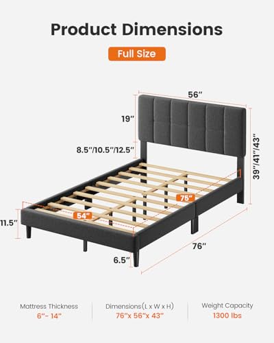 Pipishell Full Size Bed Frame with 12 Thickened Legs&Fabric Upholstered Headboard,1300 Lbs Weight Capacity, Adjustable Headboard, No Box Spring Needed, Easy Assembly, Underbed Storage（Solid Wooden） Pipishell