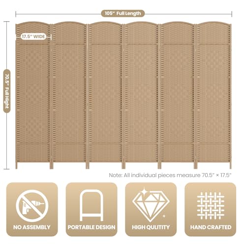 Cocosica 6 Panel Room Divider,6Ft Folding Privacy Screen,Tall - Extra Wide Foldable Panel Partition Wall Divider with Diamond Double-Weaved Hand-Woven Design Room Screen Divider COCOSICA