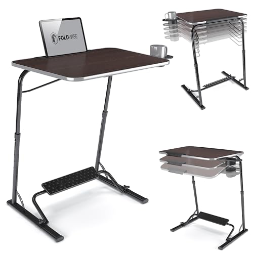 FoldWise Foldable Laptop Table - Wooden Height Adjustable Couch Table & Portable Laptop Desk with Footrest, Edge Stopper, Cupholder, Tablet Holder & Tilting Desktop - WoodArtSupply