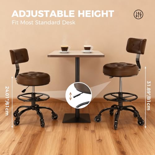 Office Drafting Chair with Footrest, Tall Height Adjustable Stool with Back Support, Heavy Duty Rolling Stool Chair with Wheels for Office Home Kitchen Bar Shop Guitar Studio Medical Vanity(Brown) FREEKYROCK