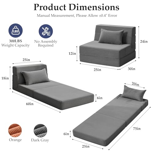 Youzi Folding Sofa Bed Convertible Sleeper Chair with Pillow, 4-in-1 Foldable Mattress Futon Couch Bed to Lounge Chair for Living Room, Bedroom, Dorm & Guest, Washable Cover, Dark Gray, Single Youzi