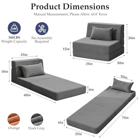 Youzi Folding Sofa Bed Convertible Sleeper Chair with Pillow, 4-in-1 Foldable Mattress Futon Couch Bed to Lounge Chair for Living Room, Bedroom, Dorm & Guest, Washable Cover, Dark Gray, Single Youzi