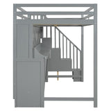 Full Murphy Bunk Bed with Desk and Hydraulic Lift, Full Over Full Size Murphy Bed with Storage Stairs, Grey Bellemave