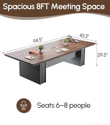 8FT Conference Table, Large Rectangular Seminar Meeting Table with Rectangle Grommet, 1.65" Thickened DeskTop, Sturdy Straight Legs & Refined Edge Banding for Office Meeting (94.5"L * 43.3"W * 29.5"H) Anzhap