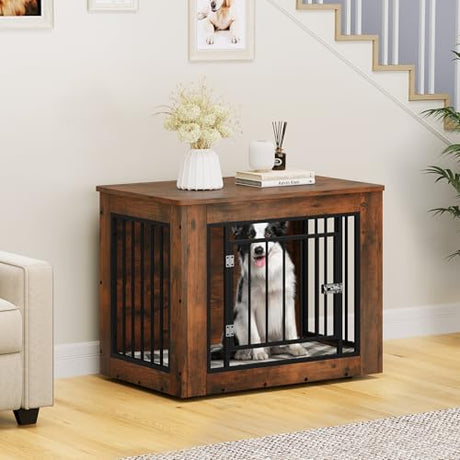 YITAHOME 32.5" L Dog Crate Furniture for Medium Dogs, 2-in-1 Iron-Wood Fusion Dog cage Indoor up to 40 lb, Side End Table, Modern Dogs Kennel with Waterproof Top, Safety Corners,Steel Lock,Rustic YITAHOME