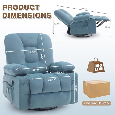REFICCER Rocker Recliner Chair with Massage and Heat, Fabric Overstuffed Swivel Recliners Glider with Cup Holder Side Pocket, Rocking Reclining Sofa Chair for Adults Living Room, Blue REFICCER