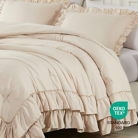 Cupocupa Beige Full Comforter Set, 3Pcs Ruffle Farmhouse Bedding Sets with Comforter & Pillowcases, Soft Shabby Chic Lightweight Fluffy Comforter Set for All Season Bedroom Decor (Beige, F) Cupocupa