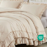 Cupocupa Beige Queen Comforter Set, 3Pcs Comforters Ruffle Farmhouse Bedding Sets Queen with Comforter, Lightweight Soft Shabby Chic Bedding Comforter Set Fluffy for All Season Cupocupa