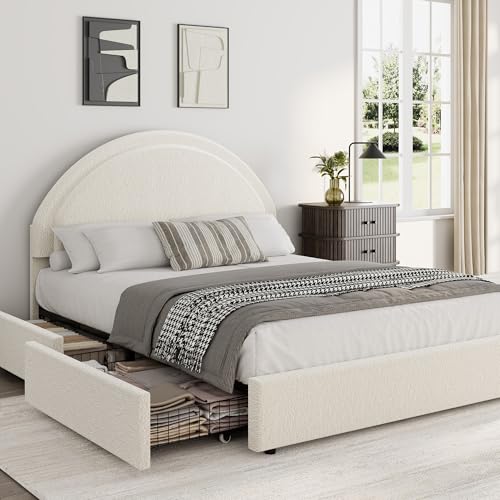 Garvee Queen Size Bed Frame with Storage Drawers, Upholstered Boucle Platform Bed with Round Headboard, Heavy Duty & Noise Free, No Box Spring Needed, Beige Garvee