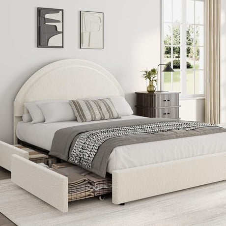 Garvee Queen Size Bed Frame with Storage Drawers, Upholstered Boucle Platform Bed with Round Headboard, Heavy Duty & Noise Free, No Box Spring Needed, Beige Garvee