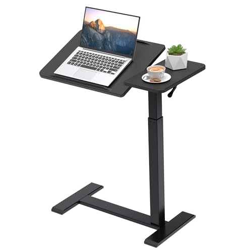 yaaqoo Adjustable Overbed Bedside Table with Hidden Wheels, Pneumatic Tilt Board Rolling Laptop Standing Desk Cart, Mobile Over Bed Sofa Chair Side End Tables, Walnut (Black) yaaqoo