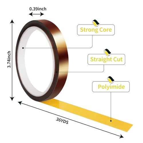 SOTER High Temperature Tape, Heat Resistant/Transfer Tape, Heat Sublimation Press Tape, for Masking, Soldering, Electrical, 3D Printer Application, CPU, PCB, No Residue. 10mm*33m (36Yd)，2Roll - WoodArtSupply