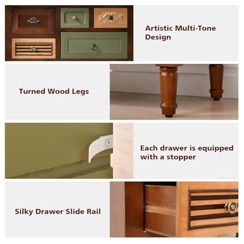 Ahokua Vintage Accent Cabinet with 5 Drawers and Open Shelf, Multi-Tone Console Table with Turned Wood Legs, Mid-Century Entryway Table for Hallway or Living Room Ahokua