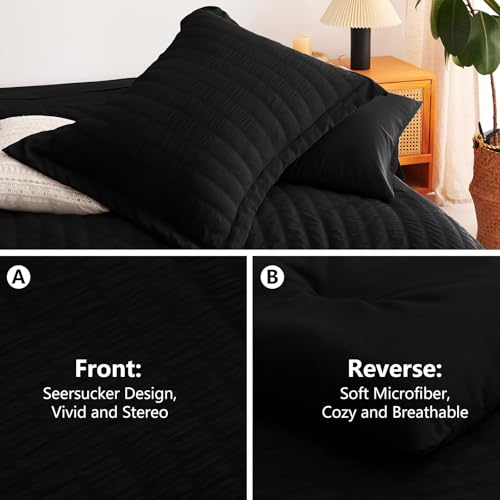 CozyLux Queen Comforter Set Black Seersucker 7 Pieces Bed in a Bag Queen Comforter Set with Sheets, Luxury Soft Bedding Set with Down Alternative Comforter, Sheets, Pillowcases & Shams for All Seasons CozyLux