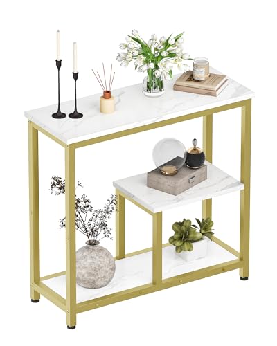 CHOEZON Modern Console Sofa Table 3-Tier Hallway Table Open Storage, Marble Veined Table Top, Metal Frame, for Entryway, Foyer, Marble White and Gold TXG03DJ CHOEZON