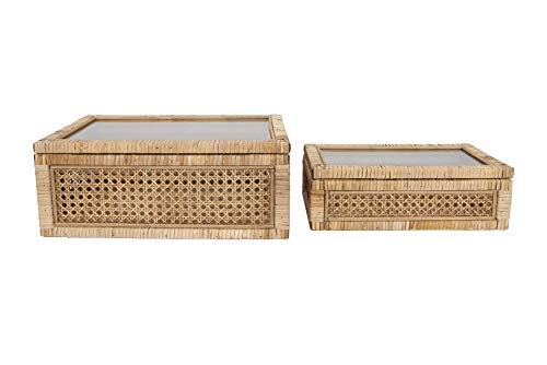 Creative Co-Op Modern Decorative Rectangle Woven Rattan and Wood Display Boxes with Glass Top, Set of 2 Sizes, Natural Finish Creative Co-Op
