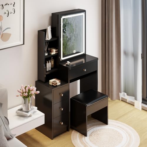 Small Space Left Bedside Cabinet Vanity Table + Cushioned Stool, Extra Large Touch Control Sliding LED Mirror, Tri-Color Switching (style1)