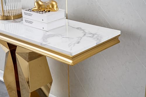 Henf Faux Marble Console Table Luxury White Marble Entryway Table with Gold Mirrored Stainless Steel Base, Elegant Accent Sofa Table for Living Room, Hallway, Foyer, Corridor (Gold & White) Henf
