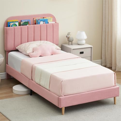 IDEALHOUSE Twin Bed Frames, Upholstered Platform Bed Frame with Bookcase Headboard, Velvet Platform Bed Mattress Foundation, Heavy Duty Steel Support Legs, Easy Assembly, Noise Free, Light Pink