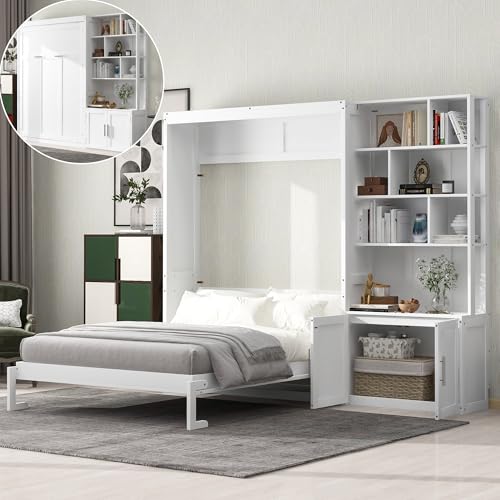 Merax 83.8" Tall Solid Wood Full Size Murphy Bed Cabinet with Multiple Storage Shelves and Cabinet, Foldable Hidden Platform Bedframe for Home, Bedroom, Small Room, Apartment Merax